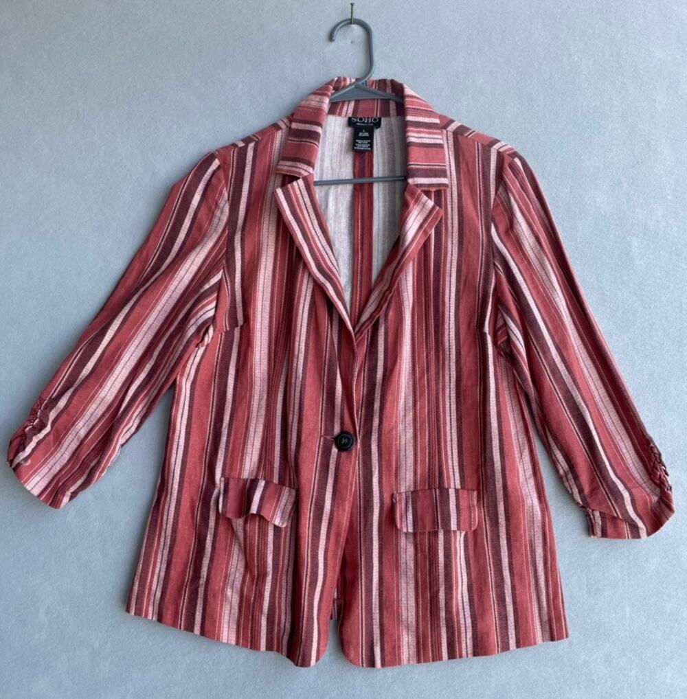 SOHO APPAREL LTD STRIPED SINGLE BUTTON BLAZER - MAUVE/PINK - SIZE L
